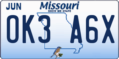 MO license plate OK3A6X