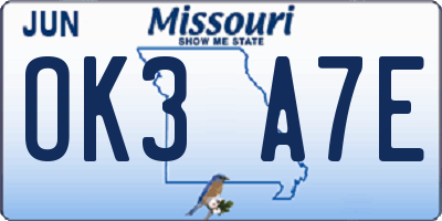 MO license plate OK3A7E