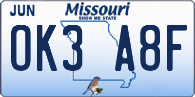 MO license plate OK3A8F