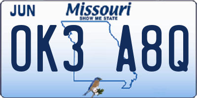 MO license plate OK3A8Q