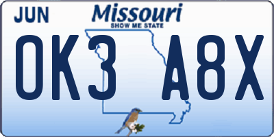 MO license plate OK3A8X