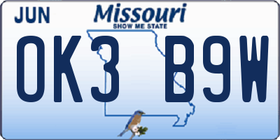 MO license plate OK3B9W