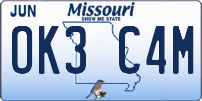 MO license plate OK3C4M