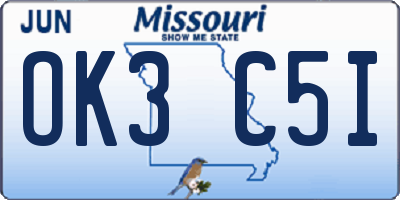 MO license plate OK3C5I