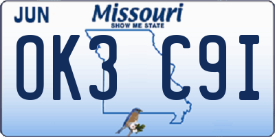 MO license plate OK3C9I