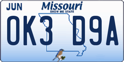 MO license plate OK3D9A