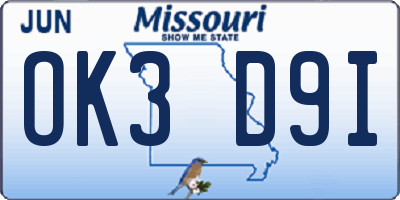 MO license plate OK3D9I
