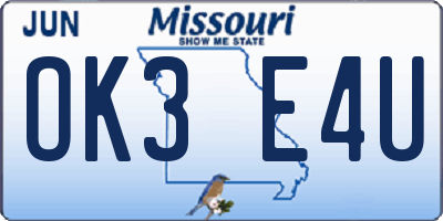 MO license plate OK3E4U