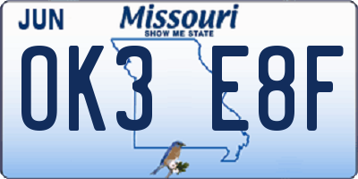 MO license plate OK3E8F
