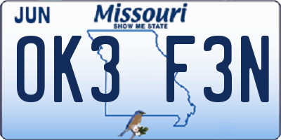 MO license plate OK3F3N