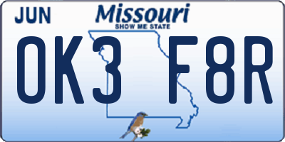 MO license plate OK3F8R