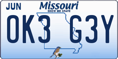 MO license plate OK3G3Y