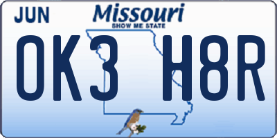 MO license plate OK3H8R