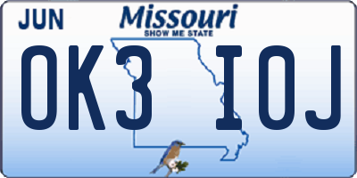 MO license plate OK3I0J