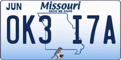 MO license plate OK3I7A