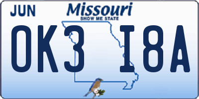 MO license plate OK3I8A