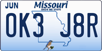 MO license plate OK3J8R