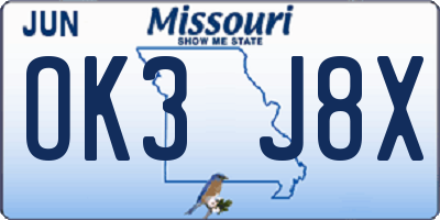 MO license plate OK3J8X