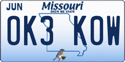 MO license plate OK3K0W