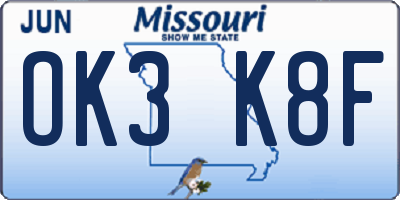 MO license plate OK3K8F