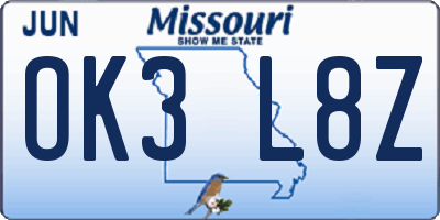 MO license plate OK3L8Z