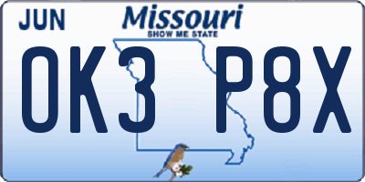 MO license plate OK3P8X