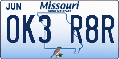 MO license plate OK3R8R