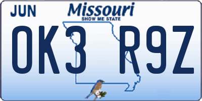 MO license plate OK3R9Z