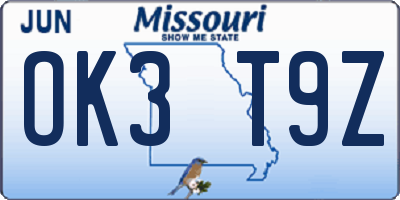 MO license plate OK3T9Z