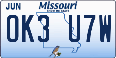 MO license plate OK3U7W