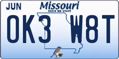 MO license plate OK3W8T