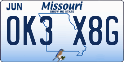 MO license plate OK3X8G
