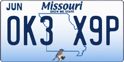 MO license plate OK3X9P