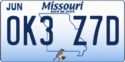 MO license plate OK3Z7D