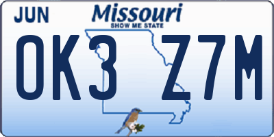 MO license plate OK3Z7M
