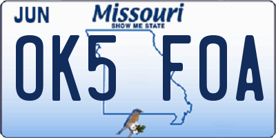 MO license plate OK5F0A