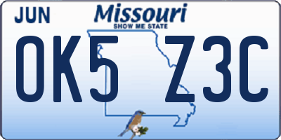 MO license plate OK5Z3C