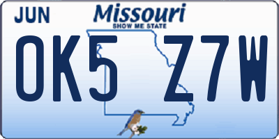 MO license plate OK5Z7W