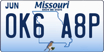 MO license plate OK6A8P