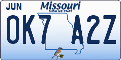 MO license plate OK7A2Z