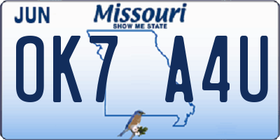 MO license plate OK7A4U