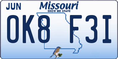 MO license plate OK8F3I