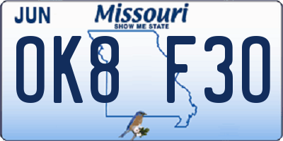 MO license plate OK8F3O