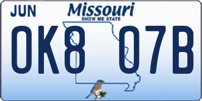 MO license plate OK8O7B