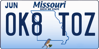MO license plate OK8T0Z