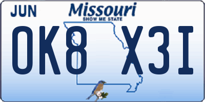 MO license plate OK8X3I