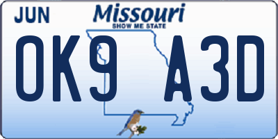 MO license plate OK9A3D