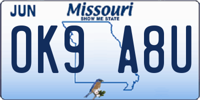 MO license plate OK9A8U