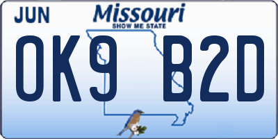 MO license plate OK9B2D