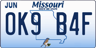 MO license plate OK9B4F